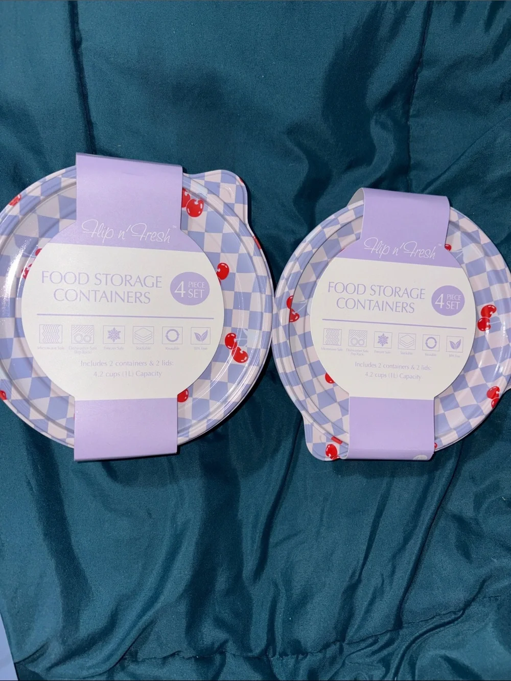 2 Sets - Flip & Fresh - Lavender Cherry Check Food Storage Containers - 4 total